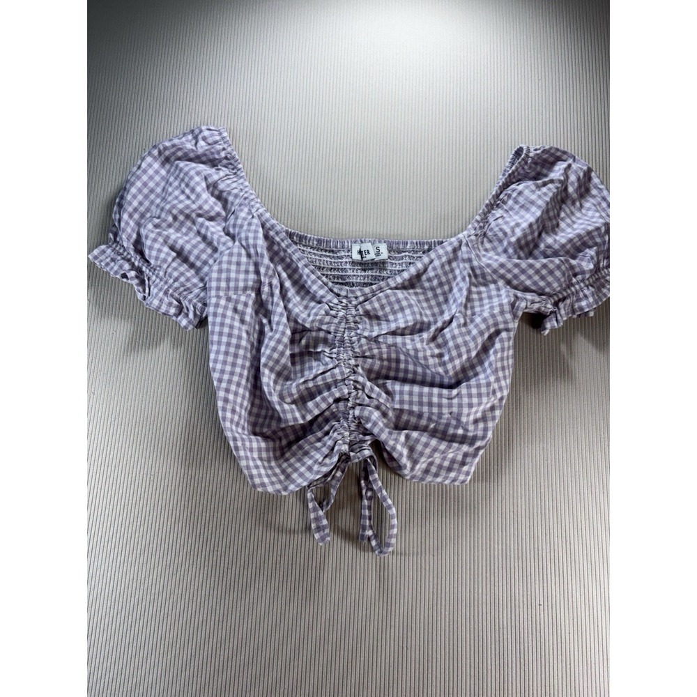 Hollister Womens Gingham Puff Sleeve Ruched Crop Top Smocked Back Lavender S NWT